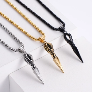 Three vintage Vajra pestle necklaces in silver, gold, and black with box chains