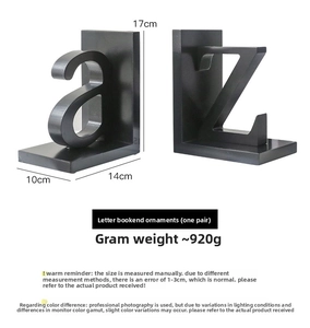 Matte black metal bookends set with a and z letters showing dimensions and weight details