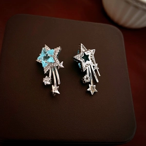 Detail view of silver star earrings with light blue zircons and meteor design details