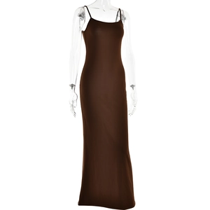 Detail view of a slim-fit brown maxi dress with spaghetti straps on a mannequin