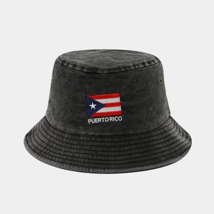Detail of Puerto Rico flag embroidery on washed charcoal grey denim bucket hat