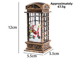 Detail of vintage Christmas telephone booth lantern with Santa Claus and size dimensions