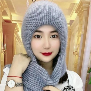 Women's blue squirrel wool knit integrated hooded scarf with warm lining for winter weather