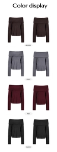 Grid display of off-shoulder knit sweaters in brown, gray, red, and black solid colors