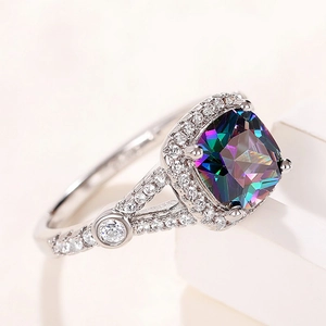 Exquisite square rainbow gemstone ring with silver band and micro-pave diamond accents