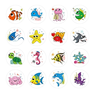 1-inch round ocean animal stickers for kids rewards featuring 16 cute cartoon sea creatures