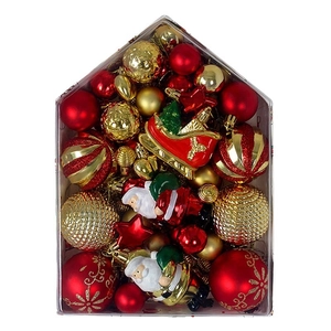 72-piece red and gold Christmas ornaments set in house-shaped gift box for tree decor
