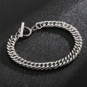 Minimalist silver titanium steel Cuban chain bracelet with OT toggle clasp for men