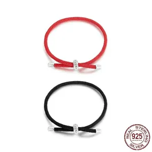 925 Sterling Silver Braided Rope Bracelet Adjustable Woven Cord DIY Basic Jewelry Red Black For Men Women