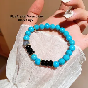 Bohemian Beaded Bracelet With Blue Crystal Black Agate Green Stone Geometric Round Beads Vintage Ethnic Style Jewelry