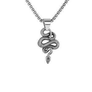 Vintage silver Viking snake pendant necklace in stainless steel with detailed metal scales