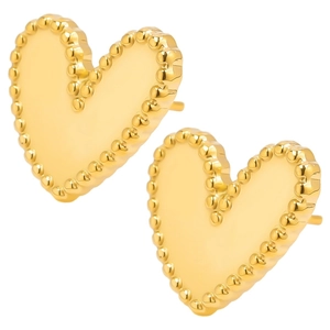 Detailed view of heart-shaped gold stud earrings featuring a classic beaded border finish