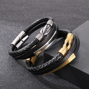 Bracelet Homme En Cuir Tressé Multicouche Fermoir Magnétique En Acier Inoxydable Noeud Torsadé Plaque Métal Bijoux Punk
