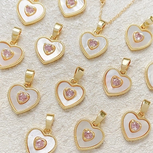 Heart Charm Pendant 18K Gold Plated Copper Pink Zircon White Mother Of Artificial Pearl DIY Jewelry Making Romantic Elegant Women