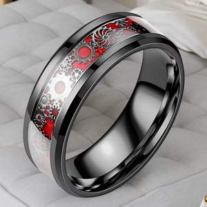 Mechanical gear pattern men's titanium steel ring in black and red with polished finish