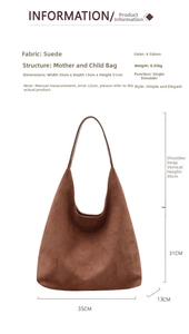 Detailed size specifications of the suede tote bag showing dimensions and structure