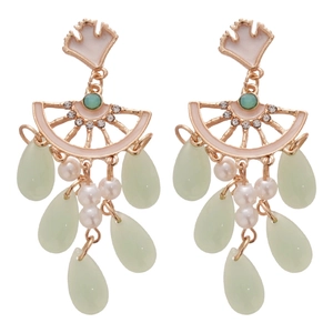 Vintage style ginkgo leaf tassel earrings with green crystal droplets and pearls