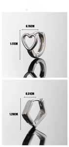 Detailed view of silver heart and geometric earrings with precise size measurements