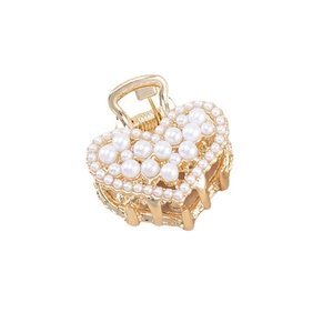 Elegant gold metal heart-shaped hair claw clip with white pearls for women's hairstyle