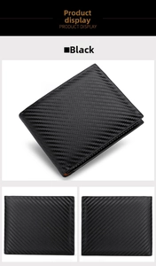 Detailed views of a black carbon fiber texture men's bifold wallet in multiple angles