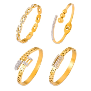 Minimalist gold plated titanium steel geometric chain bracelet set with CZ diamonds