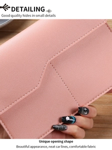 Detail of pink lychee leather phone wallet showing neat stitching and unique opening