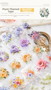 Detailed view of floral PET tape with watercolor roses and butterflies on lace fabric