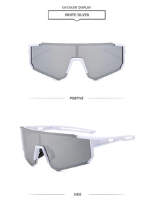Detail view of white rimless sports sunglasses with silver reflective mirrored lenses