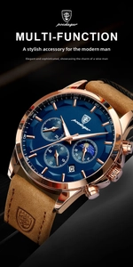 Detailed close-up of a men's blue dial chronograph watch with brown leather strap