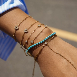 Retro 18k gold plated stainless steel layered bracelet with heart and turquoise beads