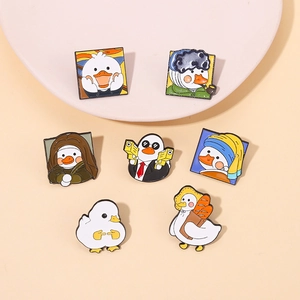 Detailed set of 7 funny enamel pins featuring white ducks in artistic parody styles