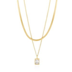 Double-layered 18K gold plated snake chain necklace with a rectangular zircon pendant