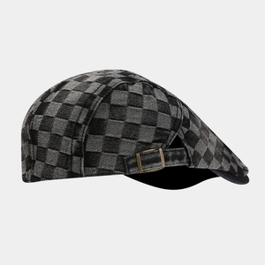 Vintage checkered washed denim beret with adjustable bronze buckle for men and women