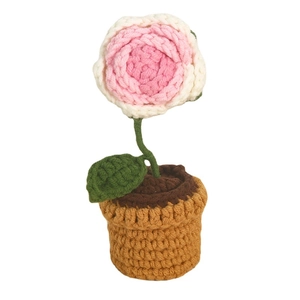 Handmade crochet pink rose potted flower plant for desktop and car decoration gift