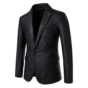 Blazer cintré en similicuir noir pour homme avec fermeture à un bouton et revers