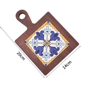 Square wood and ceramic tile coaster with Mediterranean pattern and 20x14cm dimensions