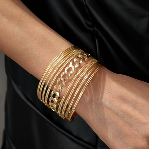 Chic multi-layered hollow geometric gold bracelet set for women with polished finish