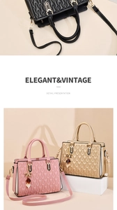 Detail view of quilted leather tote bags in black, pink, and gold with elegant hardware