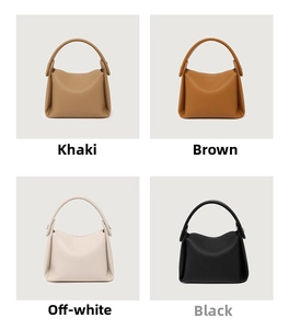 Collage of leather handbags in khaki, brown, off-white, and black with curved handles