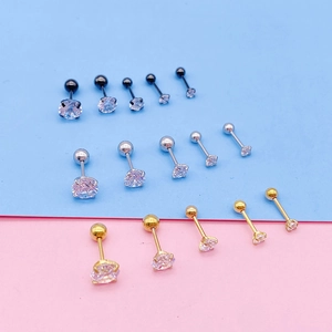 Barbell stud earrings in silver, gold, and black stainless steel with round zircon sets