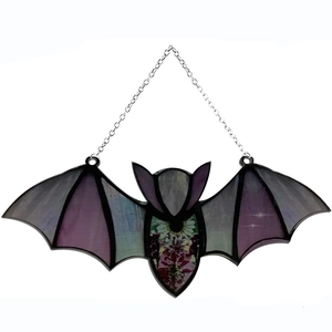Hanging Halloween bat pendant with purple stained glass effect and floral pattern