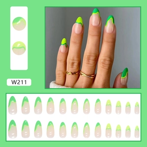 Neon green French tip press-on nails with 24 pieces of ice-clear nude manicures
