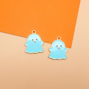 Detail of light blue enamel ghost charms with gold edges for DIY Halloween jewelry making