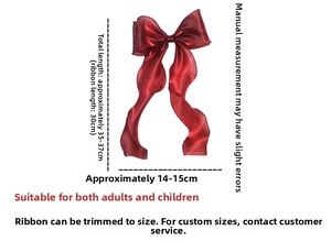 Detailed size chart of large red satin bow hair clip with 30cm long ribbon streamers