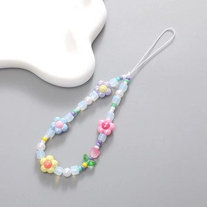 Pink tulip flower beaded phone strap with colorful crystal pearls and wrist lanyard