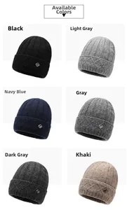 Detailed view of women's warm knit beanie hats available in six different colors.