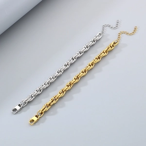 Close-up of twisted rope chain bracelets in gold and silver finish with lobster clasp
