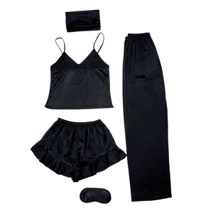 Black 5-piece satin sleepwear set with camisole, pants, shorts, headband and eye mask