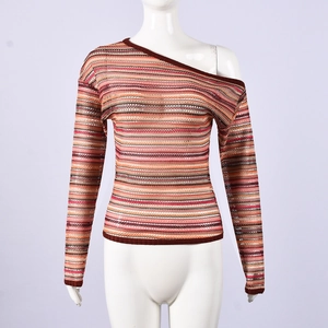 Detail of multi-color striped knit fabric and off-the-shoulder design on a slim-fit top