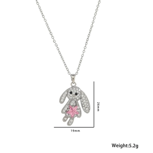 Silver bunny necklace with zircon heart and pink star pendant, 26mm x 19mm size